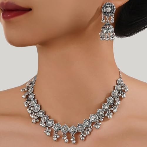 Oxidized-Necklace-Kundan-Indian-Jewelry-Sets for Women Jhumka-Choker-Earrings Chain Silver Jewelry Sets3