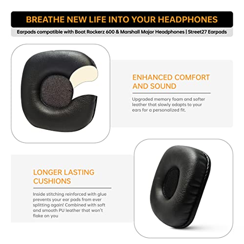 Image of Street27 Protein Leather Replacement Ear Pads Cushions Compatible with Marshall Major, Boat Rockerz 600 Headset Headphone - Black