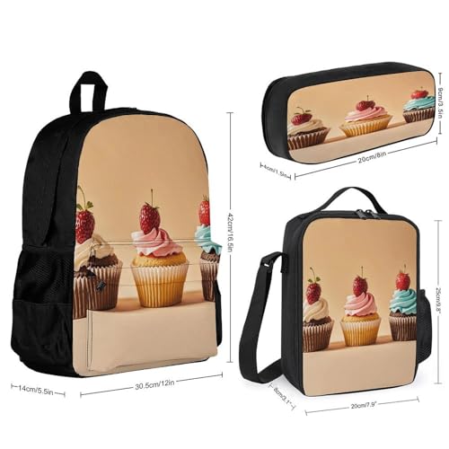 3-in-1 Backpack Combination Set Cupcakes Print 3Pcs Backpack Sets Travel Daypack with Lunch Bag And Cosmetic Bag2