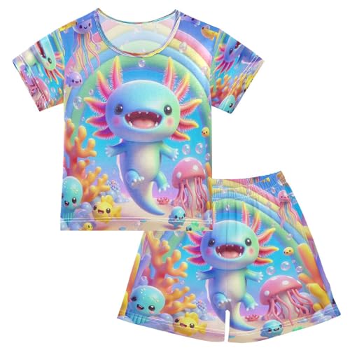 Pajama Sets Short Sleeve Colorful Underwater Axolotl Soft Cotton Summer Sleepwear 2 Piece PJS Size 5-14T
