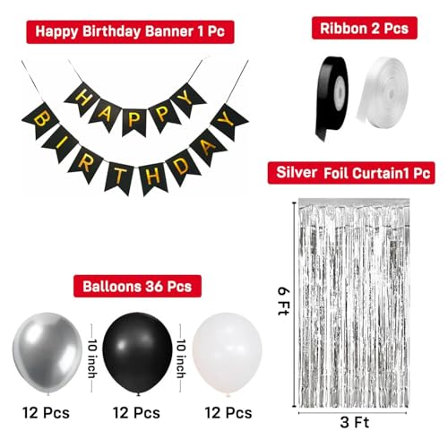 Image of Party Propz Black And White Birthday Decoration Kit - 40 Pcs Aesthetic Birthday Decor With Happy Birthday Banner, Silver Foil Curtain, Ribbons, Black, White & Silver Balloons For Bday Decoration