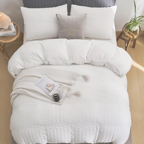 Dushow PAOPAOSHA-DUSHOW-WHITE-C-KING California King Duvet Cover White,3 Pieces Seersucker Duvet Cover Set,Soft Breathable Textured Cal King Bedding Set,Oversized King Comforter Cover Set thumb #2