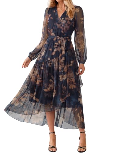 Simplee Women's Floral Long Sleeve Mesh Maxi Dress Fall V Neck Wrap High Low Swing Flowy Wedding...
