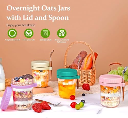 Image of KELVEE Reusable Overnight Oats Jars, 2-Pack Mason Jars with Lids and Spoons, Glass Overnight Oats Container, 350ml, portable yogurt jar, cereal Container, salad Jar (Multicolor) (2)