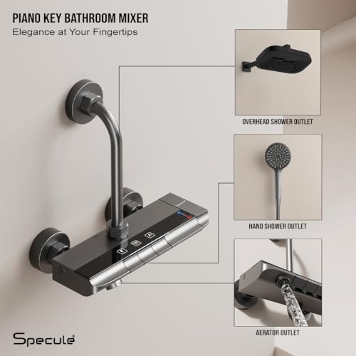 Image of Modern 3 in 1 Wall Mixer for Bathroom with 190 mm L Bend Set | Black Shower Mixer Tap with overhead shower provision | Premium Bathroom Shower System for hot & cold control