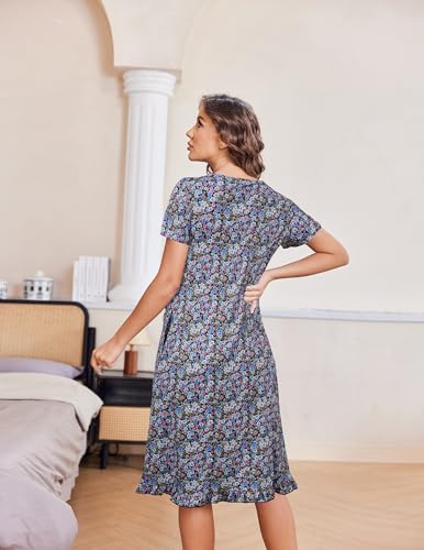 Image of Ekouaer Nightgowns for Women with Pockets Button Front Short Sleeve House Dresses Floral Print Mumu Dress