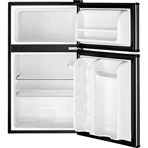 GE Mini Fridge With Freezer | 3.1 Cubic Ft. | Double-Door Design With Glass Shelves, Crisper Drawer & Spacious Freezer | Small Refrigerator Perfect for the Garage, Dorm Room, or Bedroom | Clean Steel on Fridge.com