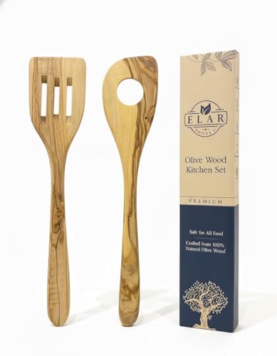 Premium Genuine Olive Wood 2-Piece Spatula & Risotto Spatula Set – 12-Inch Non-Scratch Wooden Kitchen Utensils