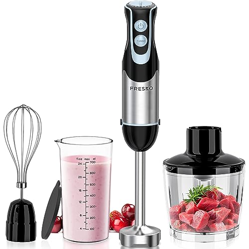 FRESKO 4-en-1 Batidora de mano, batidora de 1000W con 12 velocidades y modo turbo, Cuchillas de acero inoxidable 304, Incluye taza medidora, Taza picadora y batidor (HB3302)