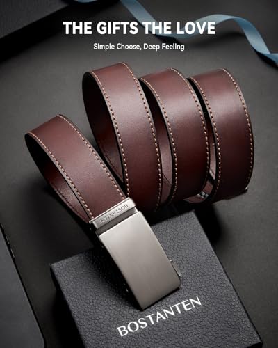 Image of BOSTANTEN Ratchet Belts for Men Leather Trim to Fit 1 3 /8 inch Gift Boxed