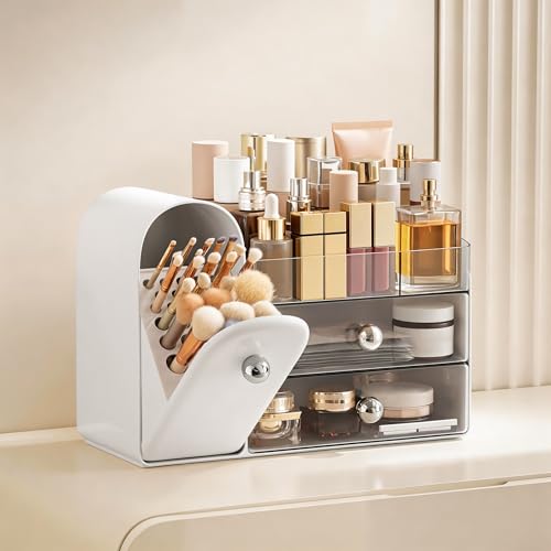 Image of HBlife Makeup Organizer Countertop with Drawers, Vanity Organizers with Brush Holder, Bathroom Counter Organizer for Perfume, Nail Polishes, Lipsticks, Skincare and Eyeshadow Palettes, White Sliver