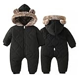 [Maeau] ベビー ロンパース服 カバーオール 新生児 男の子 女の子 長袖 暖かい 防寒 フード付き ジャンプスーツ 赤ちゃん クマ耳 可愛い 厚手 保温 幼児 ワンピース 前開き コート ふわふわ 肌着 パジャマ 部屋着 アウトドア ブラック 80