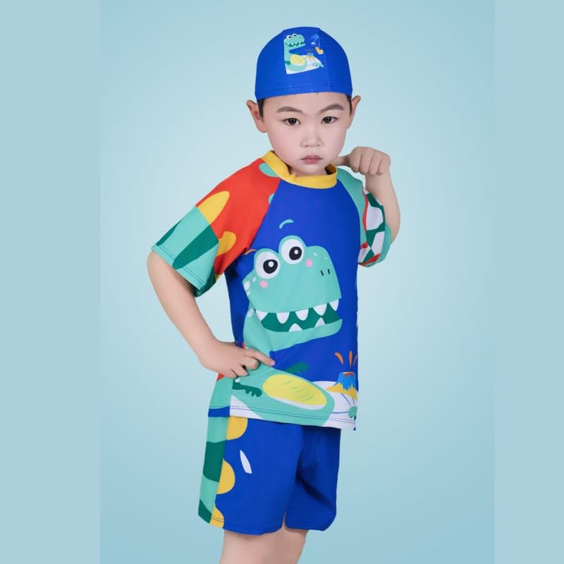 JMT Wear Swimming Costume for Boys I T-Shirt Shorts and Cap Three-Piece Swimsuit (Wavy Blue, 6-7 Years) 3