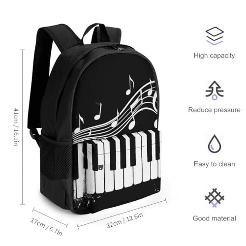 Daypack Bookbag Multipurpose Anti-Theft Big Capacity Carry On Bag - Black And White Piano Keys With Musical Notes Travel Hiking & Camping Rucksack With Padded Straps2