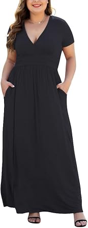 Womens L-5XL Short Sleeve V-Neck Plus Size Maxi Dresses with Pockets