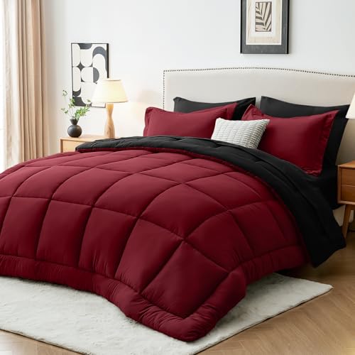Sasttie Red & Black Queen Comforter Set, 7 Pieces Bed in a Bag Queen, Complete Bedding Set Includes Comforter, Flat Sheet, Fitted Sheet, Pillowcases and Pillow Shams, Burgundy