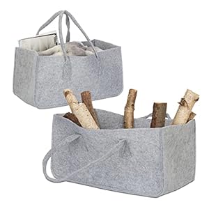 2x houtmand vilt, opvouwbaar, 27 liter, HxBxD: 25 x 25 x 50 cm, haardhout tas, draagtas, vilttas, opbergmand, grijs