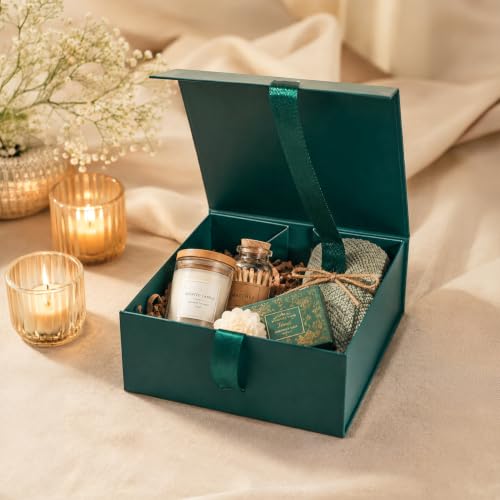 Image of Kura by Ekhasa Foldable Large Multipurpose Gift Hamper Box (21.5 x 21 x 9.5 cm) with Magnetic Closure & Ribbon | Green Rigid Cardboard Empty Reusable Packing Box | Birthday, Wedding & Festive Gifting