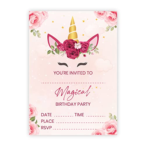 32 Flower Unicorn Invites - Party Invitations Kids - A6 Birthday Party Invitations with Envelopes  Suitable for Boys and Girls - Designed and Printed in the UK