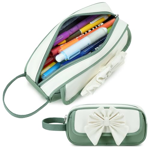 Image of Large Pencil Case for Girls Teens Kids School Zipper Pencil Pouch Green | Bowknot Organizer Pencil Bag Handle Aesthetic Big Pencil Box for School Supplies, Durable Metal Zipper, Large Capacity Design