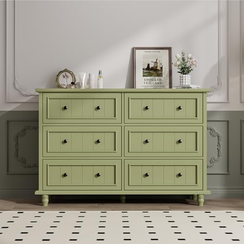 Image of Green 6 Drawer Dresser, Vintage Chest of Drawers, 47.2'' Bedroom Cabinet | Large Capacity, Farmhouse Dresser for Closet, Wood Storage Cabinet, Antique Roman Column Legs, Painted Finish, Easy Assembly