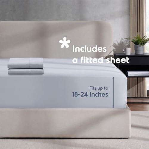 Image of Hearth & Harbor Ice Blue Duvet Cover with Fitted Sheet Twin Size | 3 Piece Soft Double Brushed Bedding Set, Button Closure, 1 Duvet Cover 68x90 Inches, 1 Fitted Sheet, 1 Pillow Sham