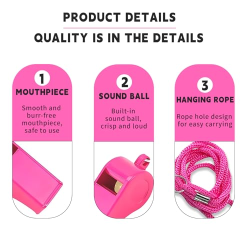 Ocoullow Pink Whistles with Mouthpiece, 2 Pack Plastic Sports Emergency Whistles with Lanyard – Loud Crisp Sound for Coaches, Lifeguards, Teachers, Dog Training and Outdoor Safety