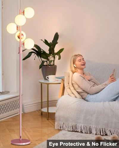 Image of Lightdot Dimmable Globe Floor Lamp, Retro Pink Pole Standing Lamps with 5PCS Bulbs Included, Mid Century Modern Floor Lamp with 5Lbs Heavy Base for Living Room /Bedroom /Sofa Beside /Corner Decor