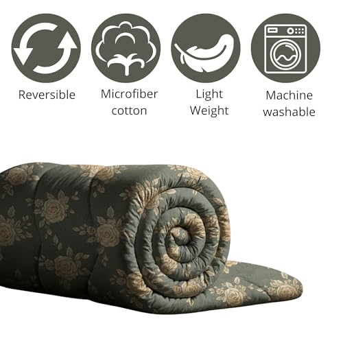 Image of Mafatlal 120 GSM Ultrasonic Microfiber Single Reversible AC Comforter | 90 x 60 Inches | Summer Kambal Quilt | Twin Bed | Olive Green