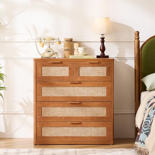 Image of LEYAOYAO Rattan Dresser for Bedroom, 33.5 inch Tall Chest of Drawers, Modern 5 Drawers Boho Dressers with Storage, Vintage Brown Dresser Wooden Closet Organizer for Living Room, Hallway