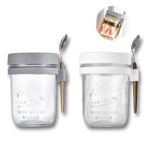 Vexquivera 2-Pack Portable Overnight Oatmeal Jars with Lids and Spoons - Stylish Milk and Yogurt Containers for Easy Breakfasts
