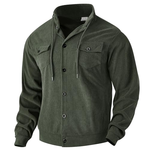Men's Corduroy Button Down Shirts Casual Long Sleeve Lightweight Overshirt, Drawstring Overshirt with Flap Pockets (Army Green,S)