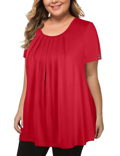MANER Womens Plus Size Tops Short Sleeve Flowy Shirts Casual Blouses Tunic Tops L-4XL (Red XX-Large)