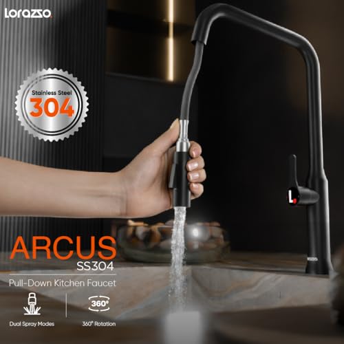 Image of Lorazzo ARCUS Stainless Steel 304 Pull-Down Kitchen Faucet with Hot & Cold Mixer | 360 Swivel Sink Tap | Dual Spray Kitchen Tap | Deck Mounted Kitchen Sink Faucet | 10Y Warranty (Arcus Black)