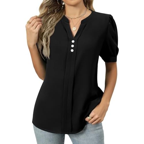 Kistore Women's Short Sleeve Tops Dressy Casual Business Work Blouses V Neck Chiffon Top Office Shirts XX-Large A Black