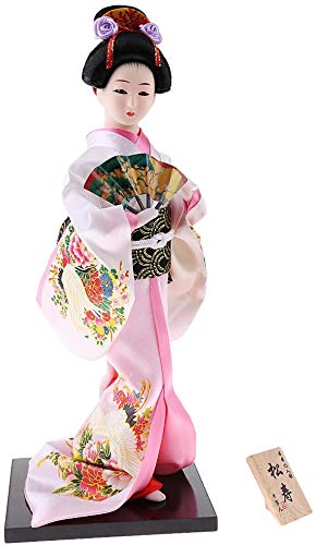 Inzopo Pink 12Inch Japanese Kimono Doll Geisha Figurine With Fan Ornaments Gift Art Craft Collectables