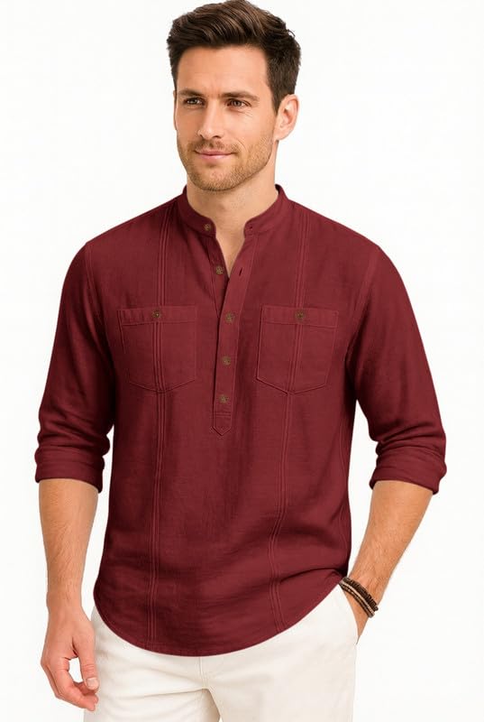 Image of ROYALSCOUT Men's Cotton Polyester Blend Kurta Style Shirt with Mandarin Collar, Half Button Placket, Dual Chest Pockets, Long Sleeve Casual Ethnic Fusion Wear for Office, Festive and Daily Use