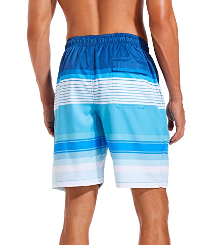 Difficort Mens Swim Trunks With Compression Liner Quick Dry Bathing Suits Shorts With Zipper Pockets,Blue & White Stripe,Medium #TOP2