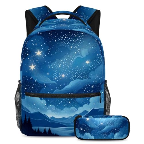 Sac à dos d'école pour garçons et filles avec trousse bleu ciel étoilé