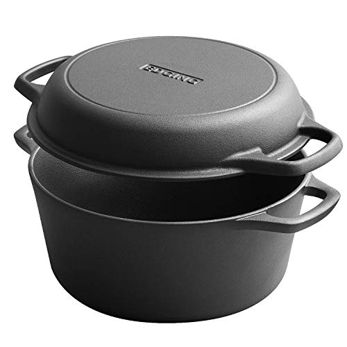 EDGING CASTING Rust Resistance Pre-Seasoned Dual Handle Cast Iron Multi Cooker 2 in 1 Set 10 Skillet and 5 Quart Deep Pan