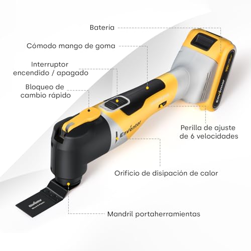 Miniatura 2 de Enventor Multiherramienta Oscilante, 20v Brushless 2.0ah Herramienta Multifunción Con 6 Velocidades, 12000-19500rpm, Cargador, 28 Accesorios, Herramientas Oscilantes Para Cortar, Lijar Y Pulido