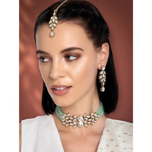 Image of Peora Gold Plated Bridal Crystal Pearl Choker Necklace with Drop Earrings Traditional Jewellery Set for Women