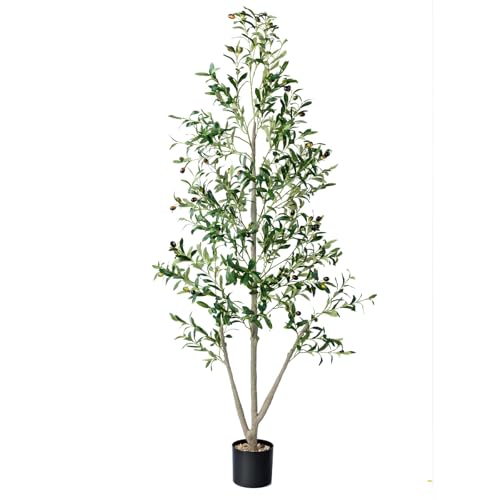 Olive Trees Artificial Indoor, 6FT Tall Faux Olive Tree with Light Kit Moss and Planter, Faux Plants Indoor with Natural Wood Trunk and Lifelike Fruits, Fake Tree for Home Office Living Room Decor