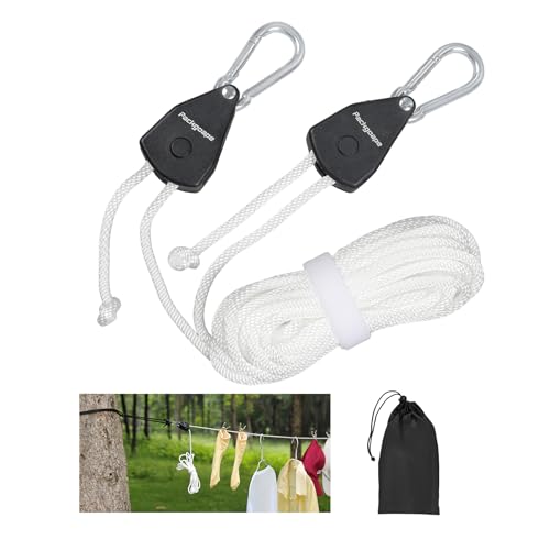 Retractable Travel Clothesline, Portable Clothes Line with Heavy Duty Pulleys & Carabiners, Windproof Clothes Drying Rope for Outdoor Camping, Travel, Indoor Home Use (White, 19 Feet Long)