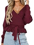 ZESICA Women's Fall 2025 Wrap V Neck Long Batwing Sleeve Belted Waist Ruffle Knitted Sweater Pullover Top,Wine,Large