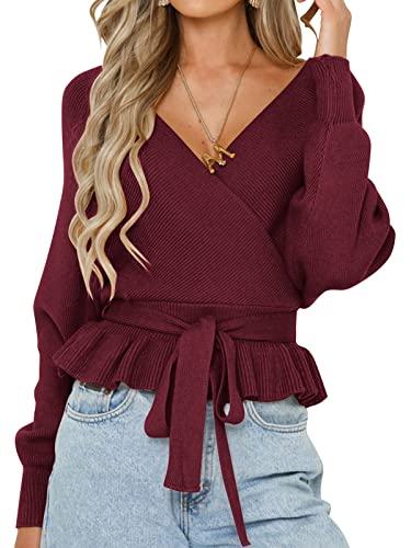 Image of ZESICA Women's Fall 2026 Wrap V Neck Long Batwing Sleeve Belted Waist Ruffle Knitted Sweater Pullover Top