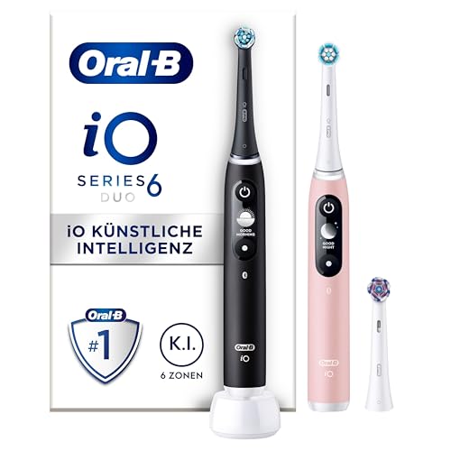Oral-B iO Series 6 Elektrische Zahnbürste/Electric Toothbrush, Doppelpack & 3 Aufsteckbürsten, 5 Putzmodi für Zahnpflege, Magnet-Technologie, Display, Designed by Braun, Schwarz/Rosa