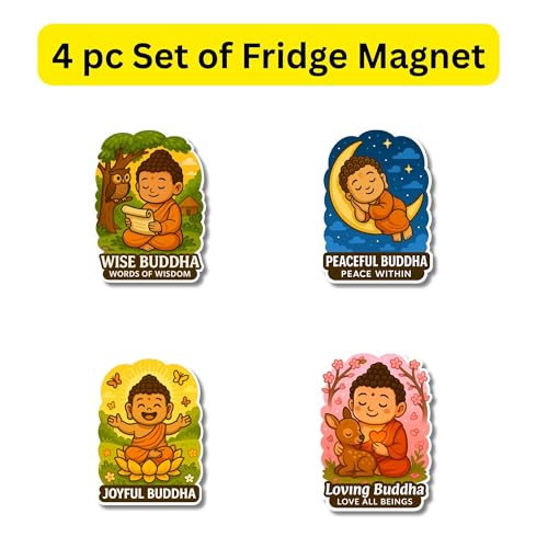 Image of Regalo Casila Buddha Fridge Magnet Set Wise Joyful Peaceful Loving 4 Pc Ideal Gift for Kids Adults Spiritual Seekers Yoga Lovers Teachers