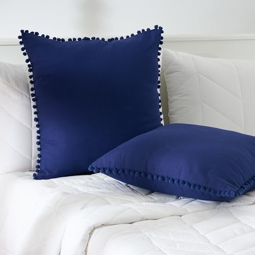 Image of 100% Cotton Pom Pom Cushion Without Filler, Elegant & Modern Cushion Cover for Living Room, Square Shape, 16 inchx16 inch, uni slub, Set of 2 - Navy