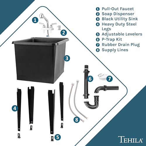 Image of Space Saver Utility Sink by JS Jackson Supplies, Pull-Out Faucet, Soap Dispenser, Black Tub (Chrome)